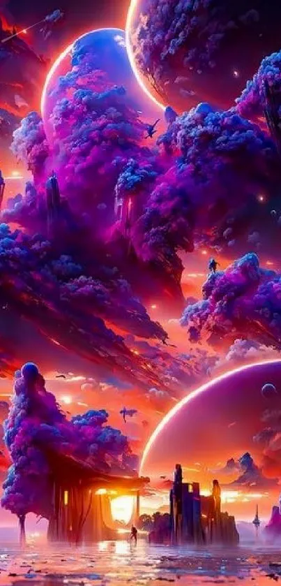 Surreal cosmic landscape with vibrant skies and planets.