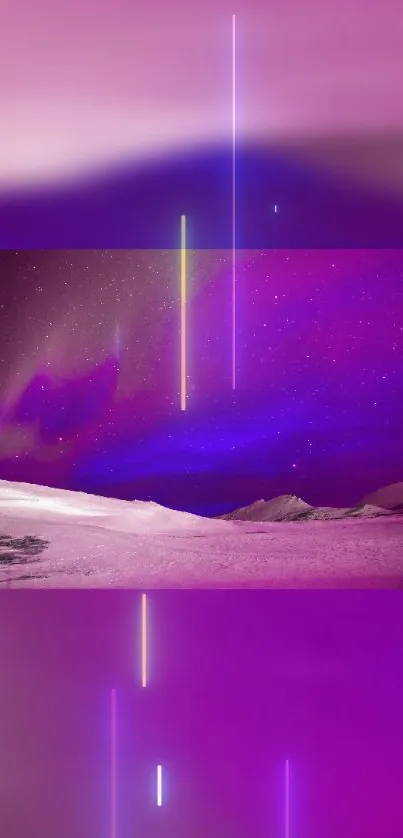 Purple and pink cosmic landscape wallpaper with starry sky.