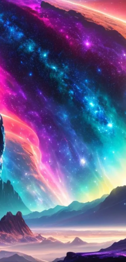 Vivid, colorful cosmic landscape with stars and planet in the background.