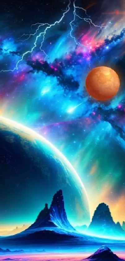 Vibrant cosmic landscape with planets and nebula on a mobile wallpaper.