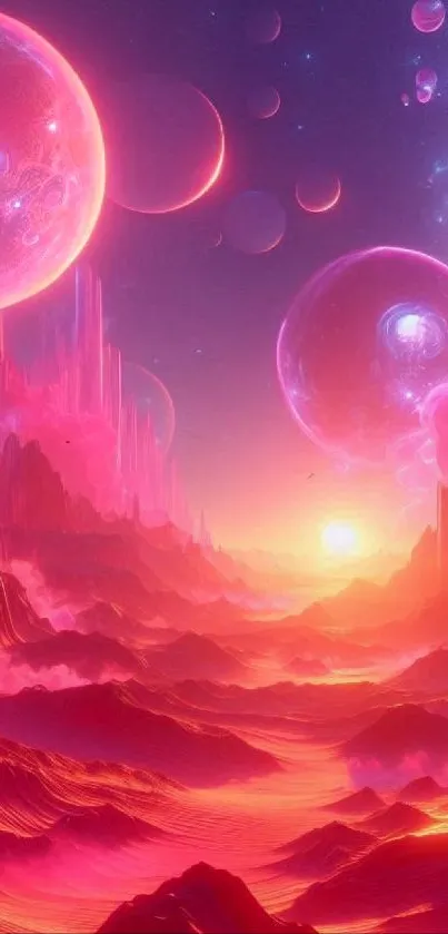 Vibrant cosmic landscape with planets and glowing nebulae.