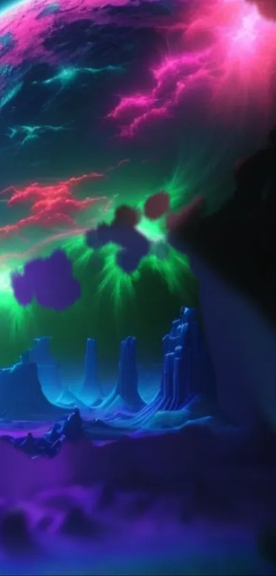 Vibrant cosmic landscape with neon colors and planet view.