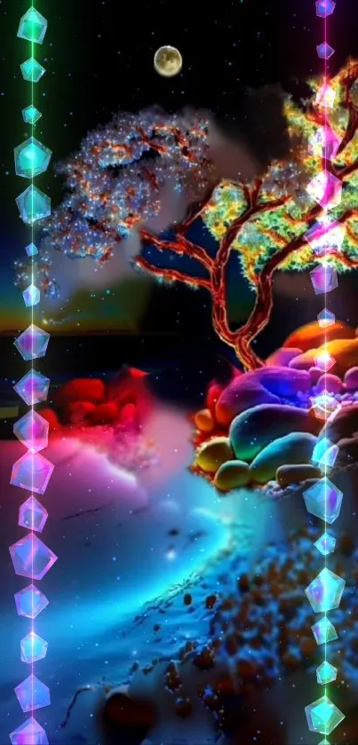 Vibrant cosmic scene with neon tree and celestial glow.