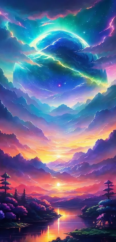 Vibrant cosmic landscape with surreal colors and mystical mountains.