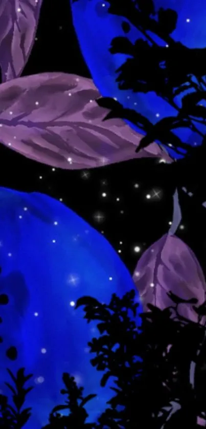 Vibrant cosmic leaf wallpaper with purple and blue hues.