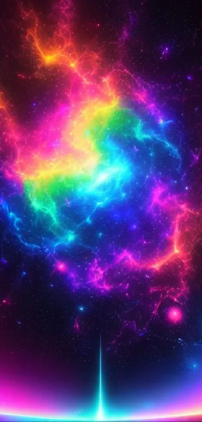 Vibrant galaxy wallpaper with neon colors illuminating a cosmic landscape.