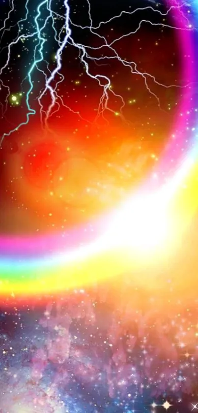 Vibrant cosmic wallpaper with lightning and rainbow hues.