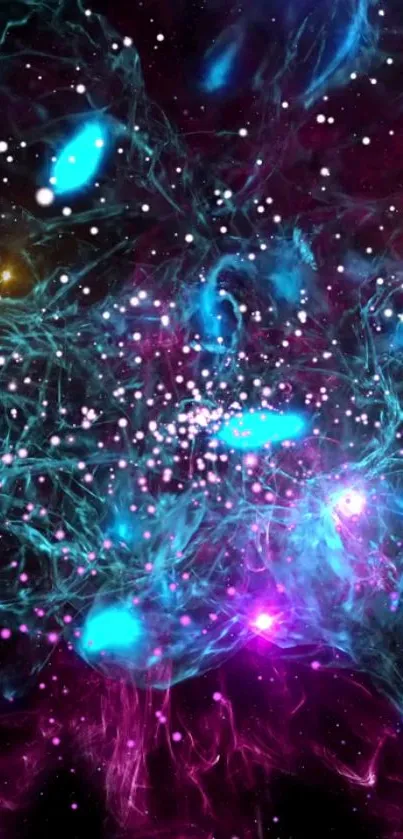 Vibrant cosmic lights wallpaper with blue nebulae and stars for mobile phones.