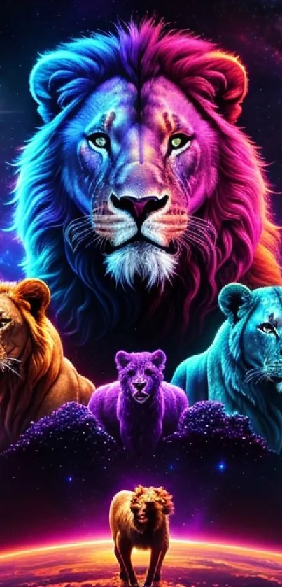 Colorful cosmic lions in a stunning galaxy background.