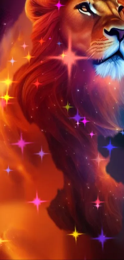 Vibrant cosmic lion with colorful stardust and glowing mane.