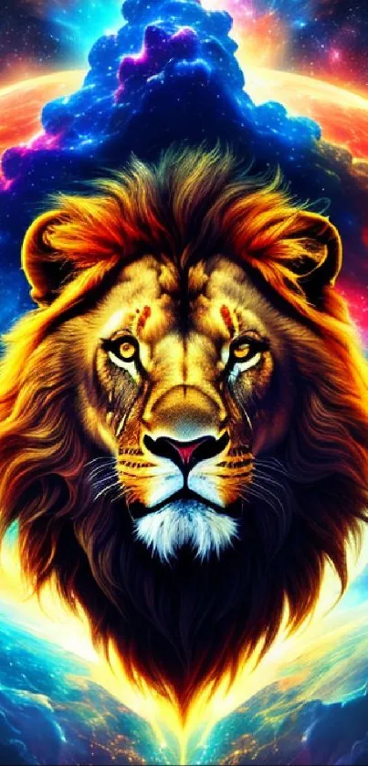 Majestic lion with vibrant cosmic neon colors.