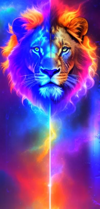 Vivid cosmic lion art in fire and ice hues for mobile wallpaper.