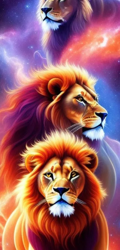 Cosmic lions on a vibrant galaxy backdrop with vivid colors.