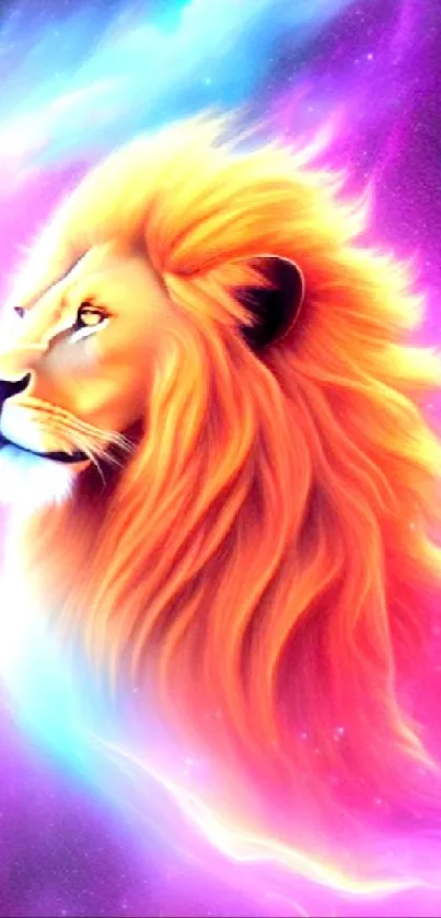 Vibrant cosmic lion in a colorful galaxy background for mobile wallpaper.