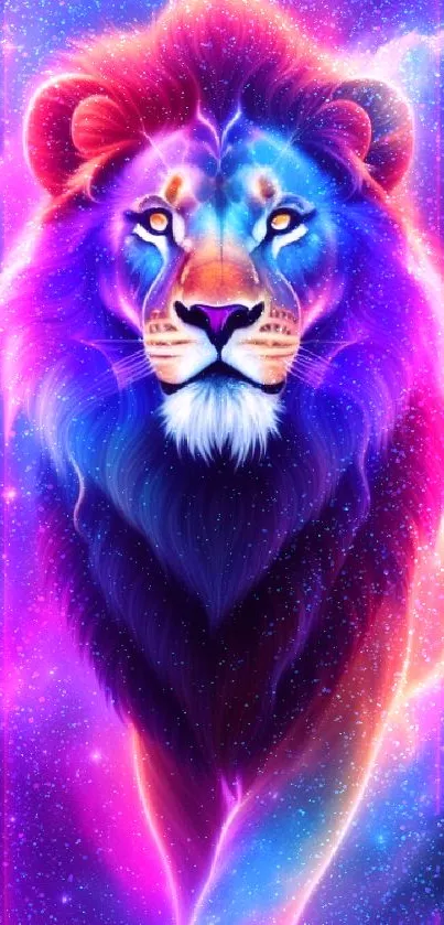 Colorful cosmic lion wallpaper with a vibrant galaxy background.