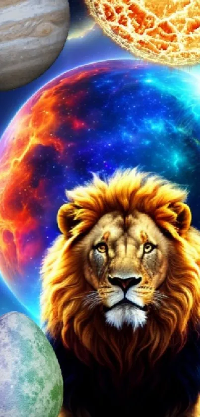 Vibrant cosmic wallpaper with lion and colorful planets.