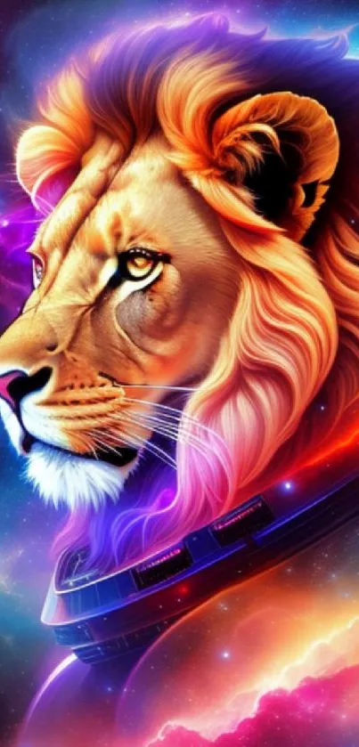 Colorful cosmic lion with galaxy background.