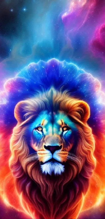 Cosmic lion with vibrant colors and galaxy background in a stunning wallpaper image.