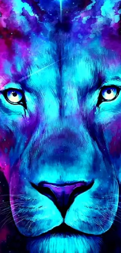 Vibrant cosmic lion with neon blue hues.