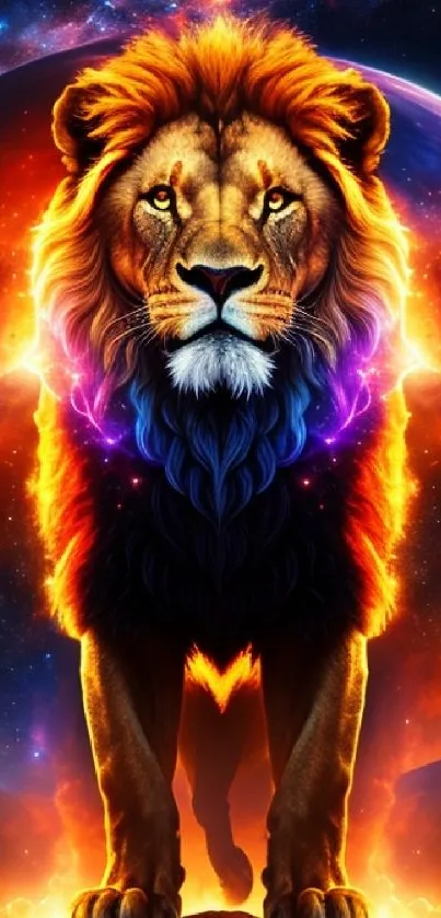 Cosmic lion with vibrant colors and a galaxy backdrop.