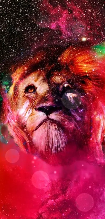 A majestic lion portrait with cosmic colors and vibrant galaxy background.