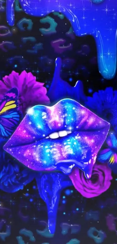 Vibrant cosmic lip art wallpaper with blue and purple hues.