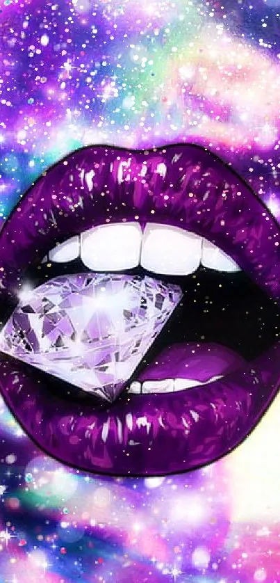 Purple lips with diamond on galaxy background.