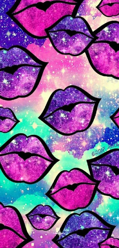 Vibrant cosmic lips with galaxy background.