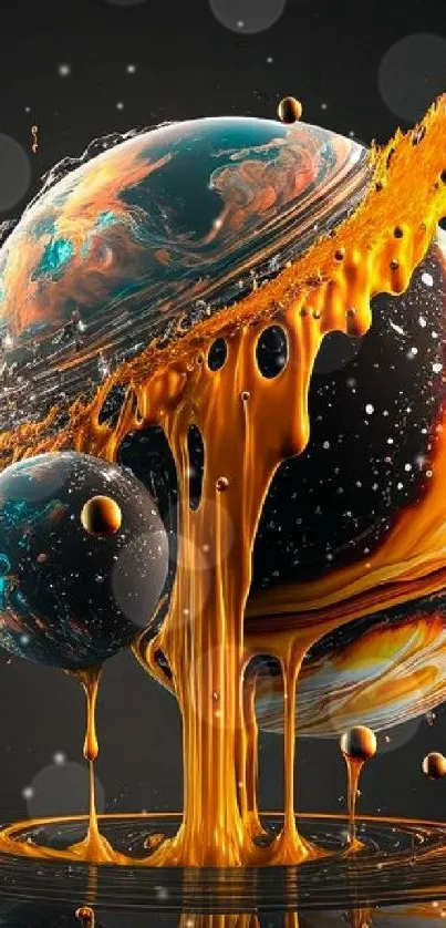 Cosmic wallpaper featuring vibrant planets with liquid orange splashes.