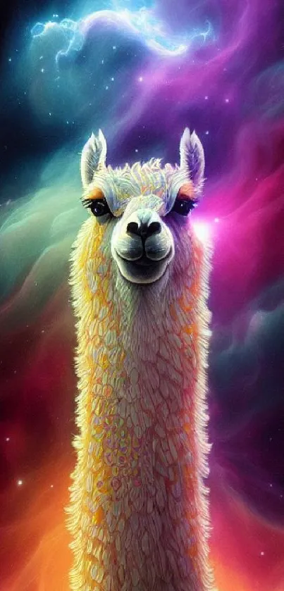 Colorful cosmic illustration of a llama with a vibrant galaxy background.