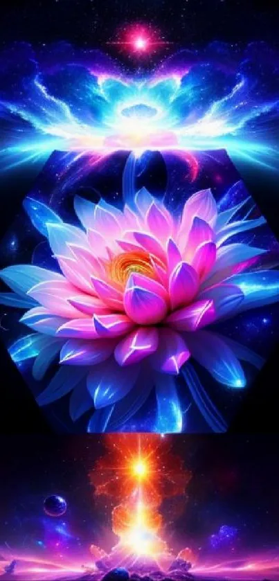 Vibrant cosmic lotus with galaxy backdrop.