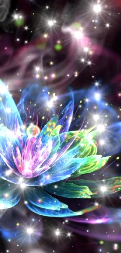 Vibrant cosmic lotus flower with glowing colors in space.