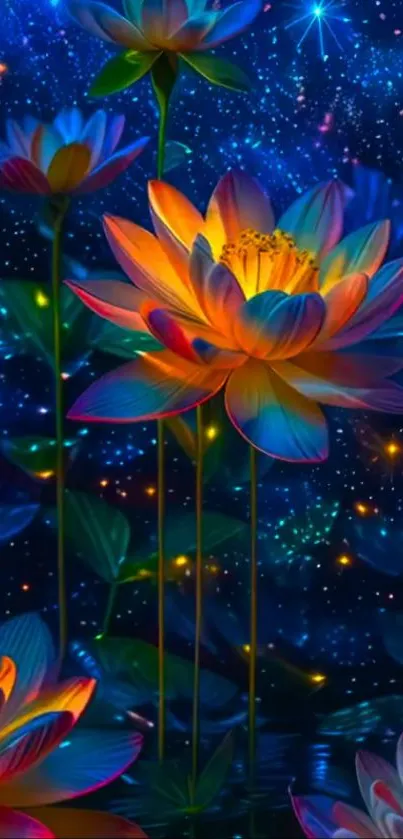 Glowing lotus flowers in starry night.