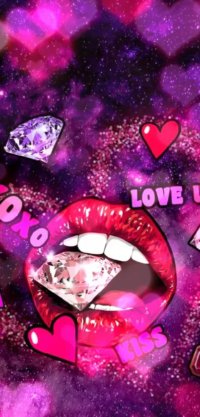 Cosmic wallpaper with red lips, hearts, and diamonds in a galaxy backdrop.