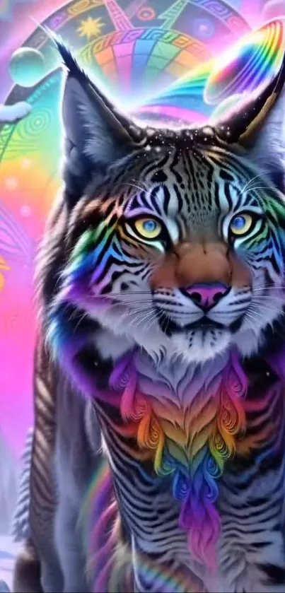 A vibrant cosmic lynx in colorful fantasy art, perfect for mobile wallpapers.