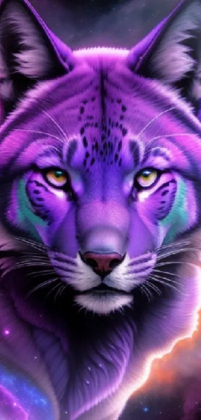 Cosmic lynx in a purple galaxy wallpaper.