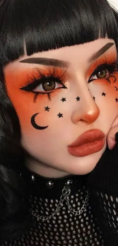 Vibrant cosmic makeup with stars on orange background.