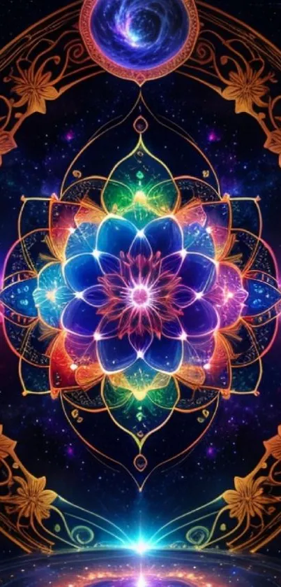 Vibrant cosmic mandala with intricate celestial patterns.