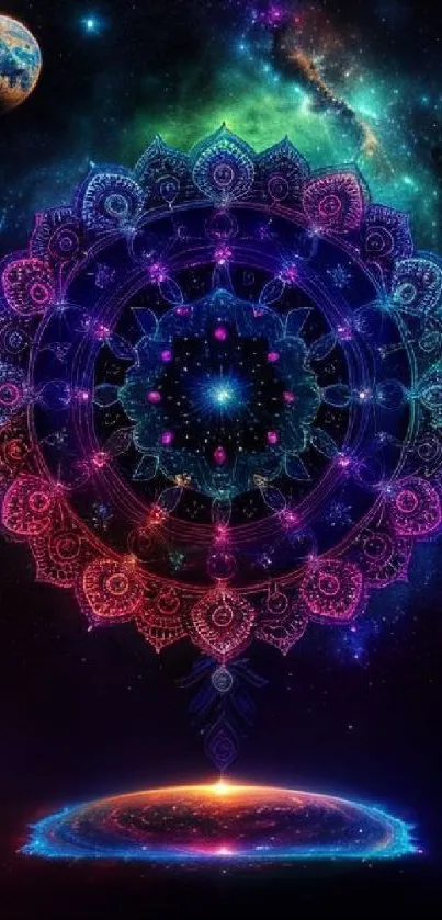 Vibrant mandala artwork in cosmic galaxy theme.