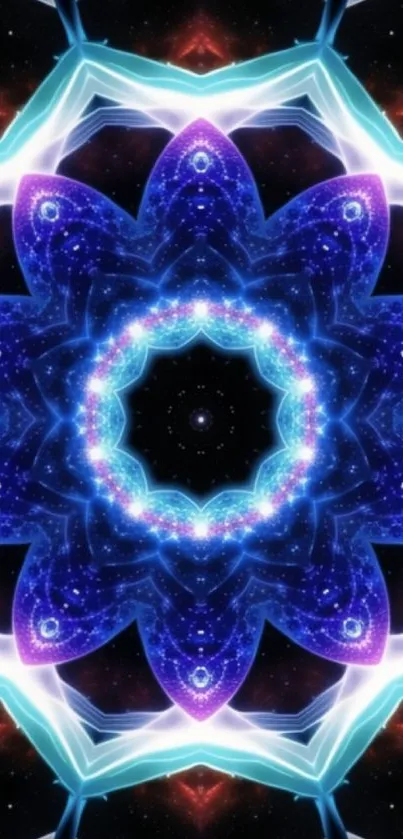 Vibrant cosmic mandala with blue and purple fractal design.