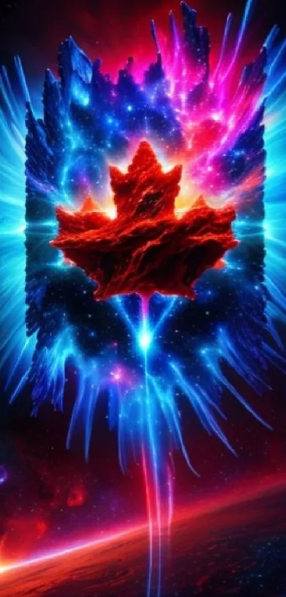 Cosmic red maple leaf in vibrant nebula art.