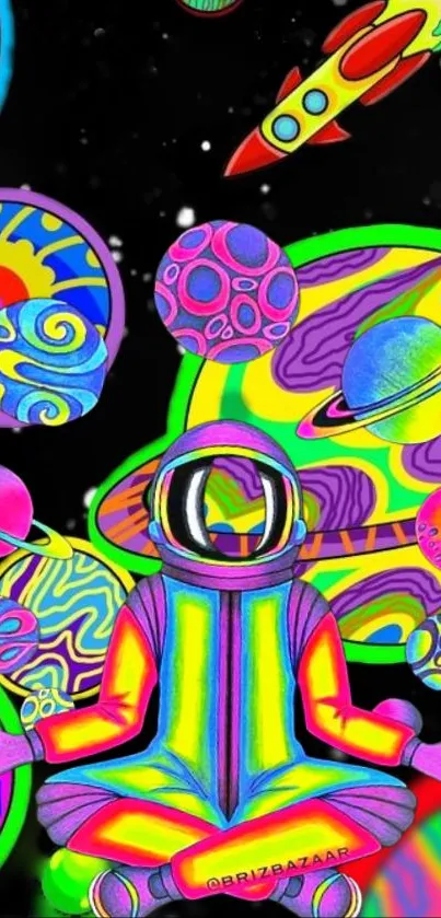 Neon astronaut meditating among colorful planets in a vibrant cosmic scene.