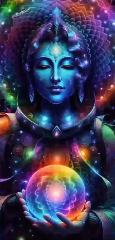 Mystical figure holding colorful orb with cosmic background.