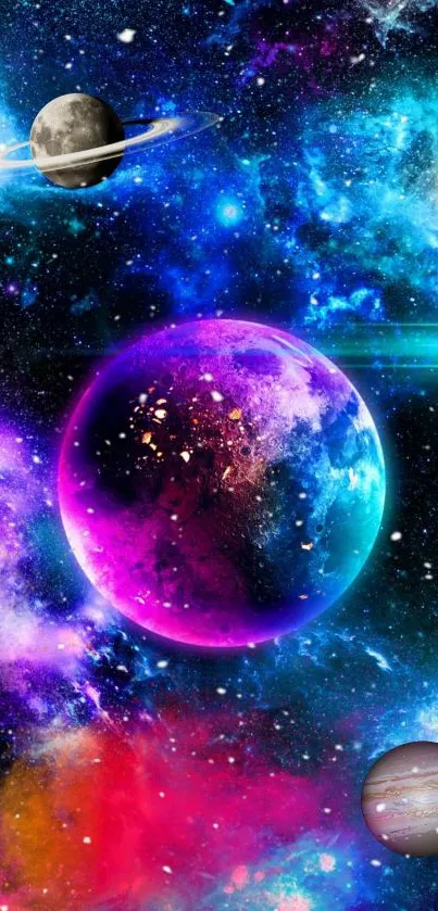 Vibrant cosmic wallpaper with colorful planets and stars