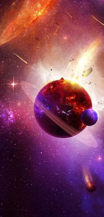 Vibrant mobile wallpaper of colorful planets and cosmic nebulae in purple hues.