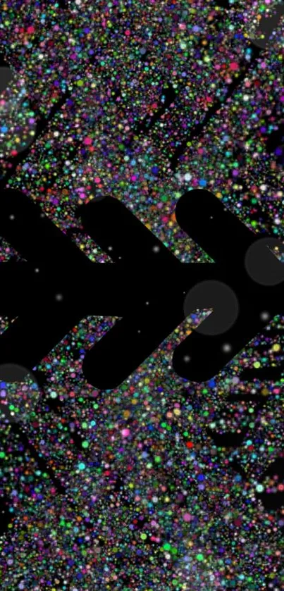 Vibrant cosmic wallpaper with colorful particles on a black background.