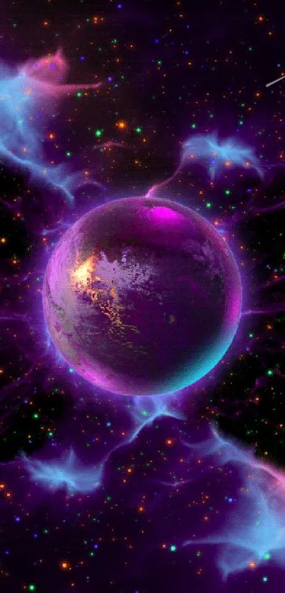 Vibrant cosmic wallpaper with a glowing purple planet in space.