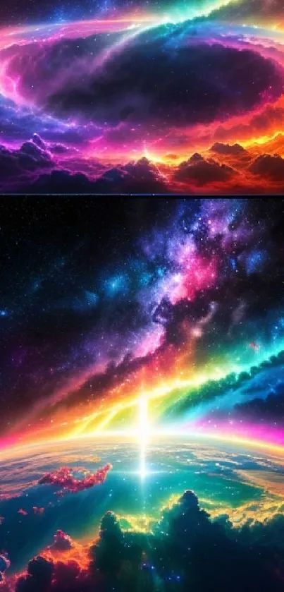 Vibrant cosmic wallpaper with colorful galaxy and sunrise.