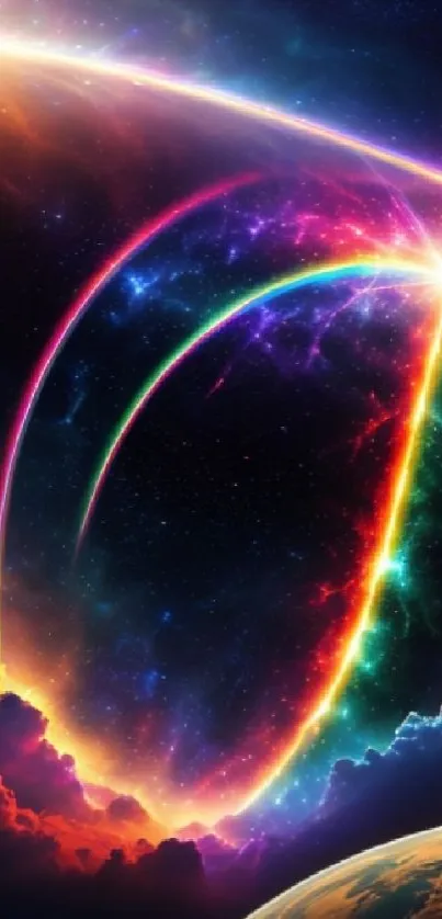 Vibrant cosmic wallpaper with rainbow arcs, stars, and dark space.