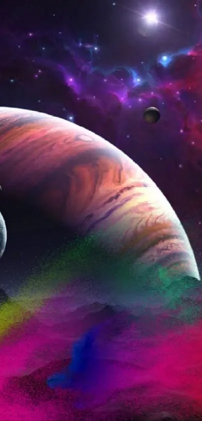 Vibrant cosmic wallpaper with planets and nebula scene.